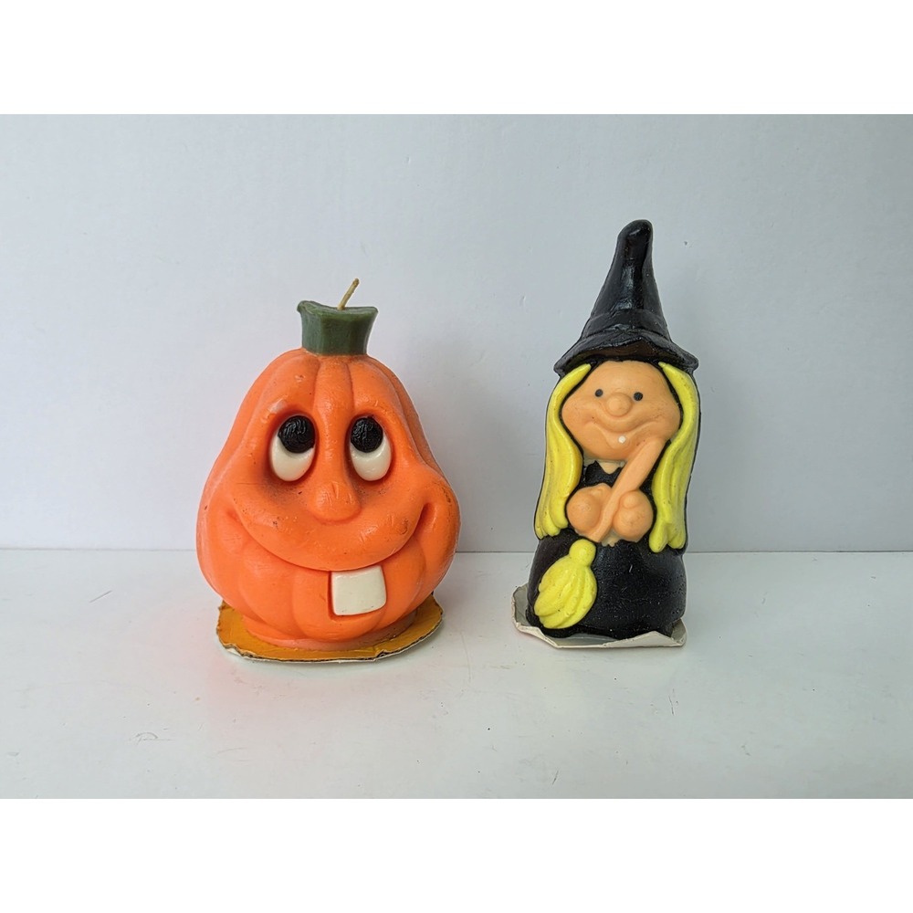 Vintage Suni Halloween fall pumpkin and witch candle 5-6"